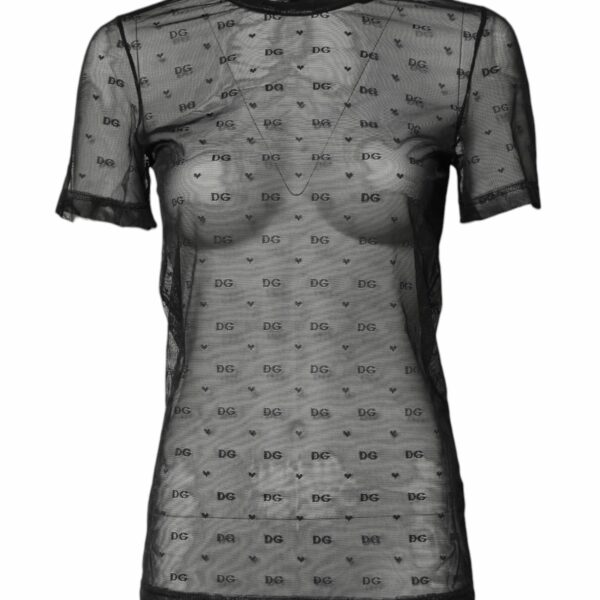 Dolce & Gabbana Black Nylon Sheer Logo Monogram Crew Neck Top