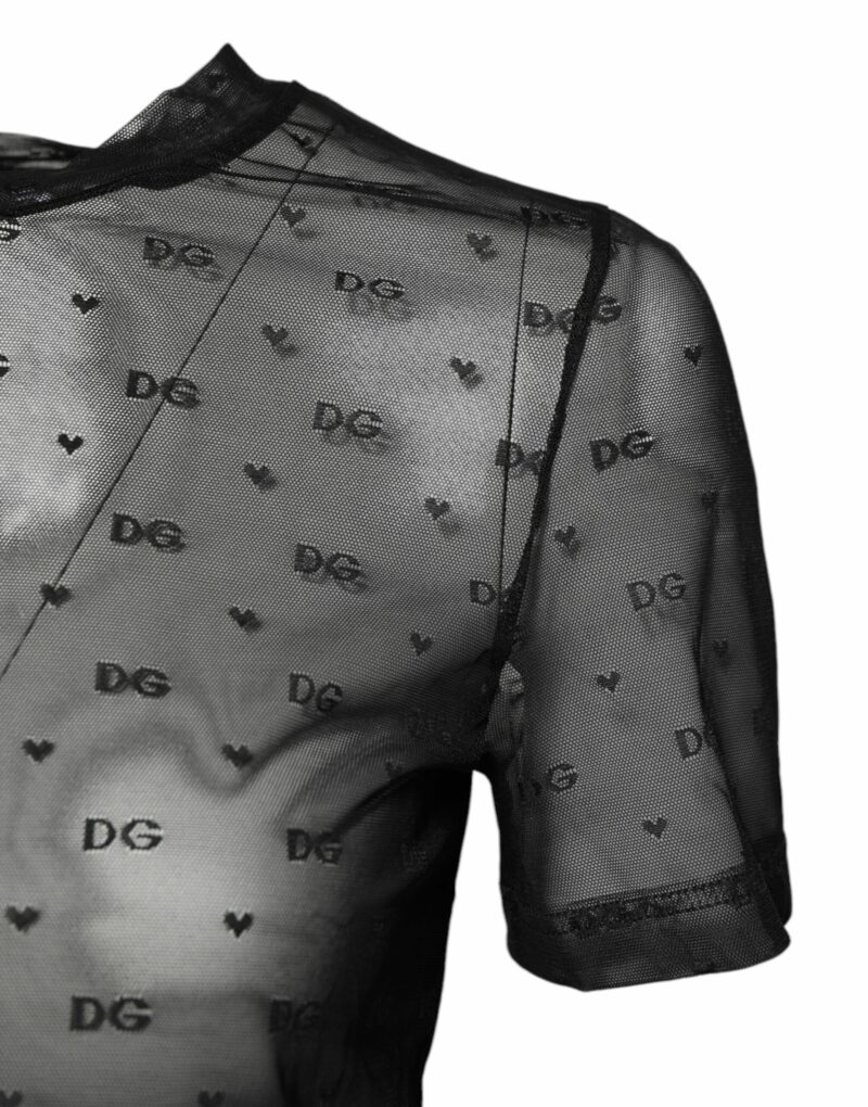 Dolce & Gabbana Black Nylon Sheer Logo Monogram Crew Neck Top - Image 3