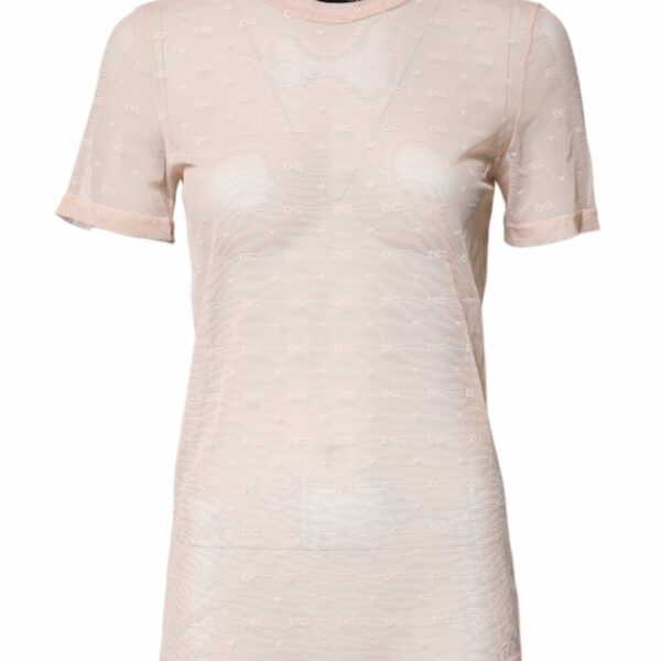 Dolce & Gabbana Beige Nylon Sheer Logo Monogram Crew Neck Top