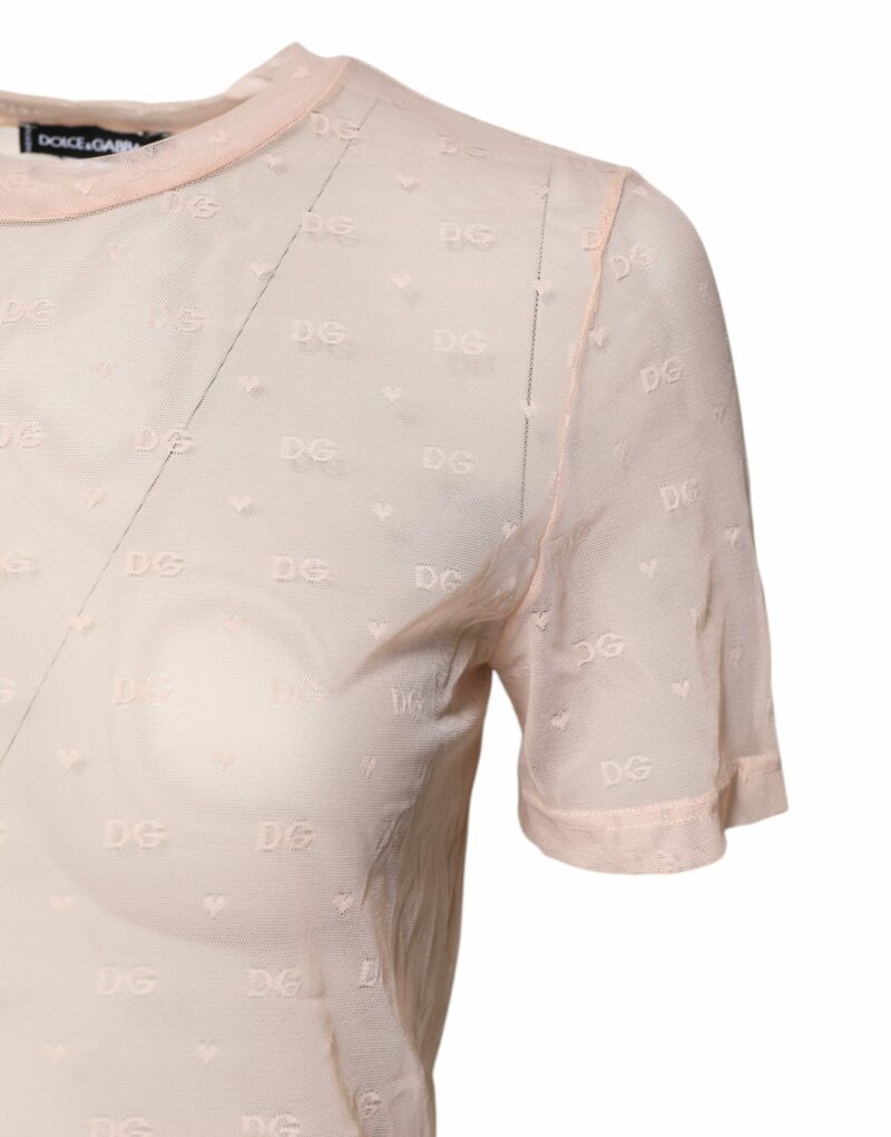 Dolce & Gabbana Beige Nylon Sheer Logo Monogram Crew Neck Top - Image 3