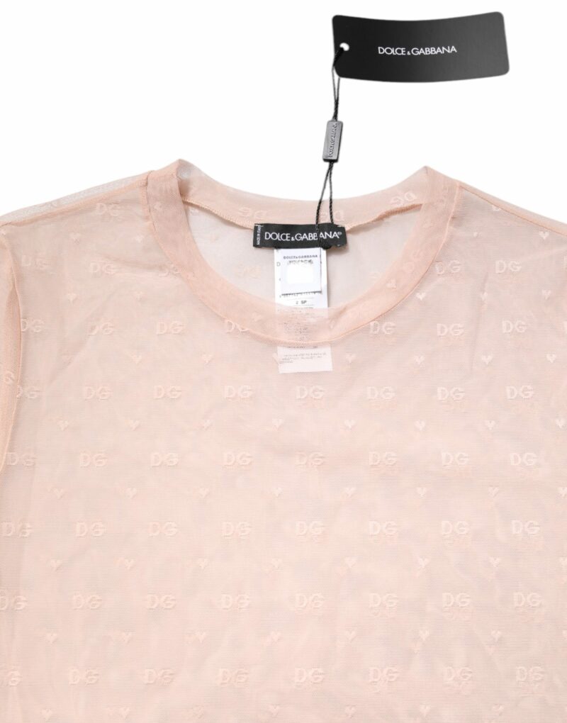 Dolce & Gabbana Beige Nylon Sheer Logo Monogram Crew Neck Top - Image 5