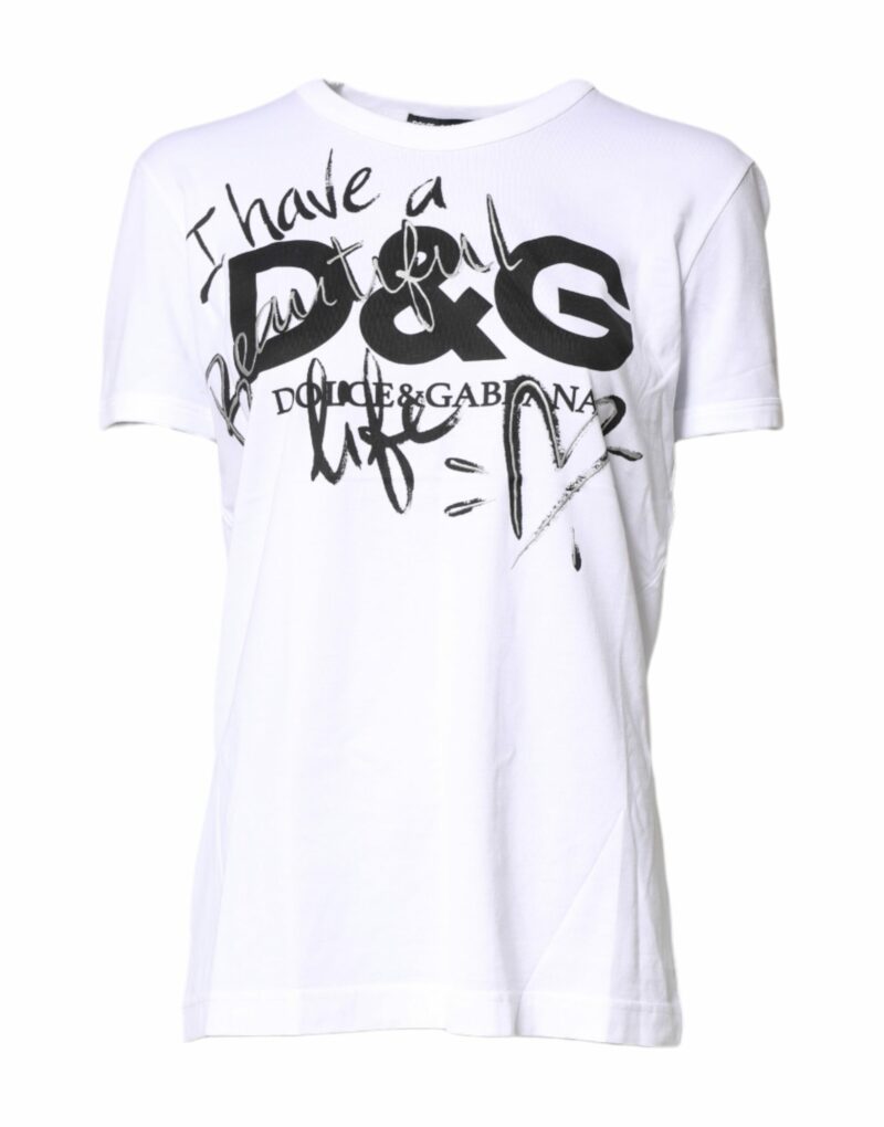 Dolce & Gabbana White Printed Round Neck Cotton Top T-shirt