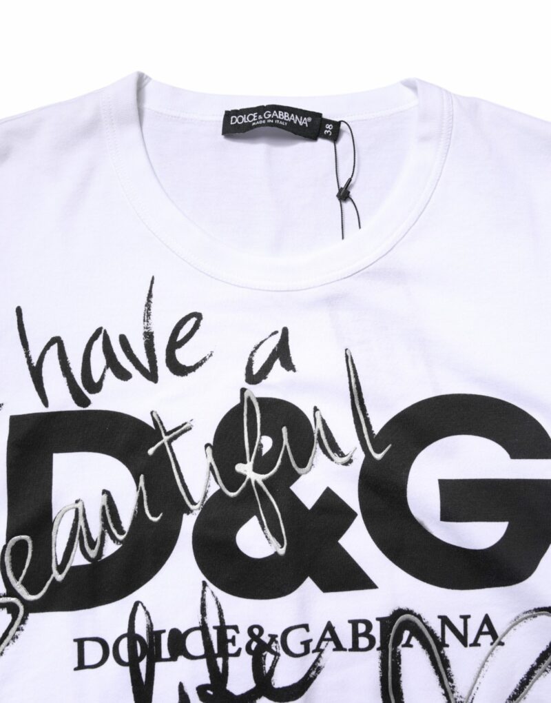 Dolce & Gabbana White Printed Round Neck Cotton Top T-shirt - Image 5
