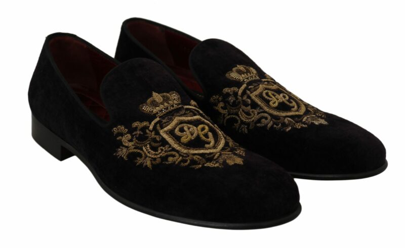 Dolce & Gabbana Elegant Black Loafers with Gold Crown Embroidery - Image 5