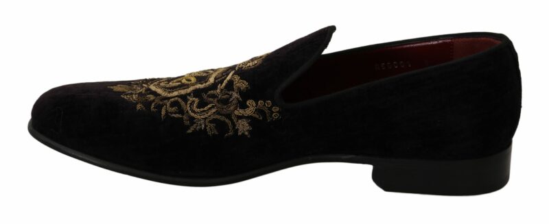 Dolce & Gabbana Elegant Black Loafers with Gold Crown Embroidery - Image 7