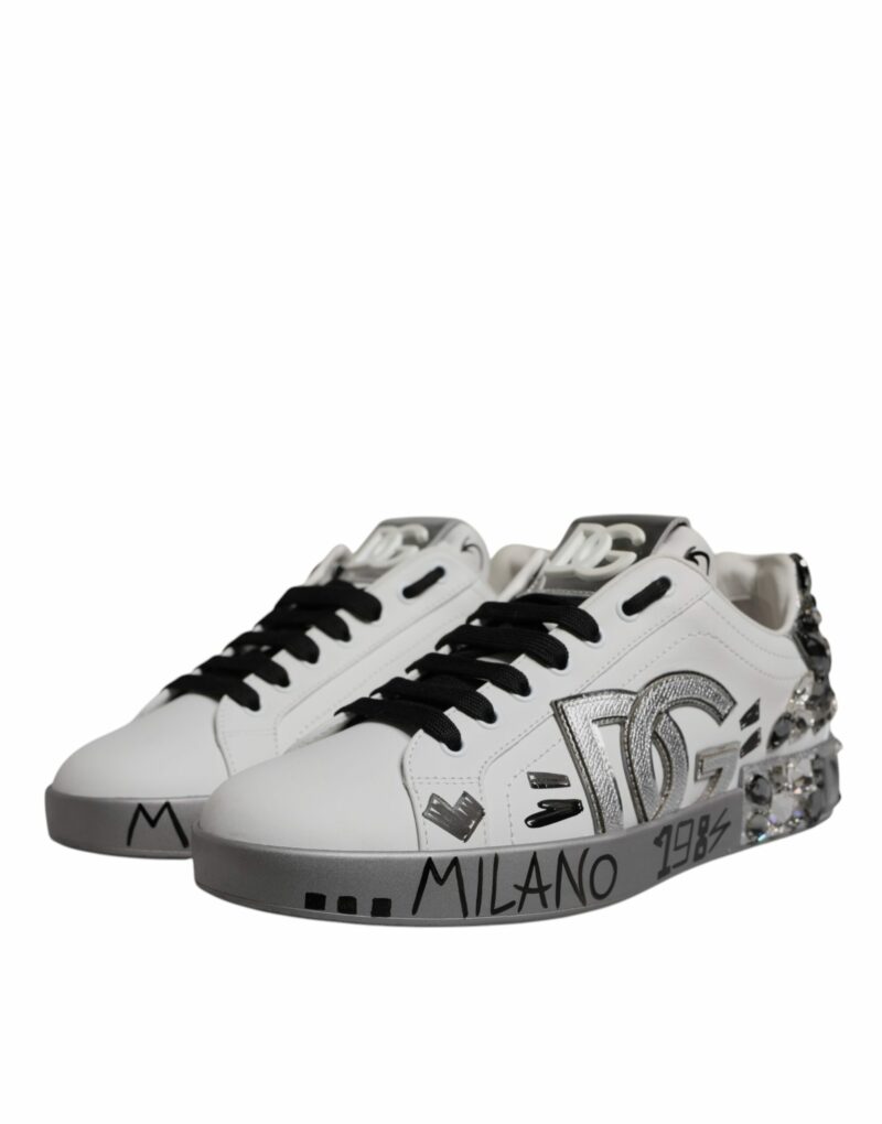 Dolce & Gabbana White Silver Crystal Logo Portofino Sneakers Shoes - Image 3