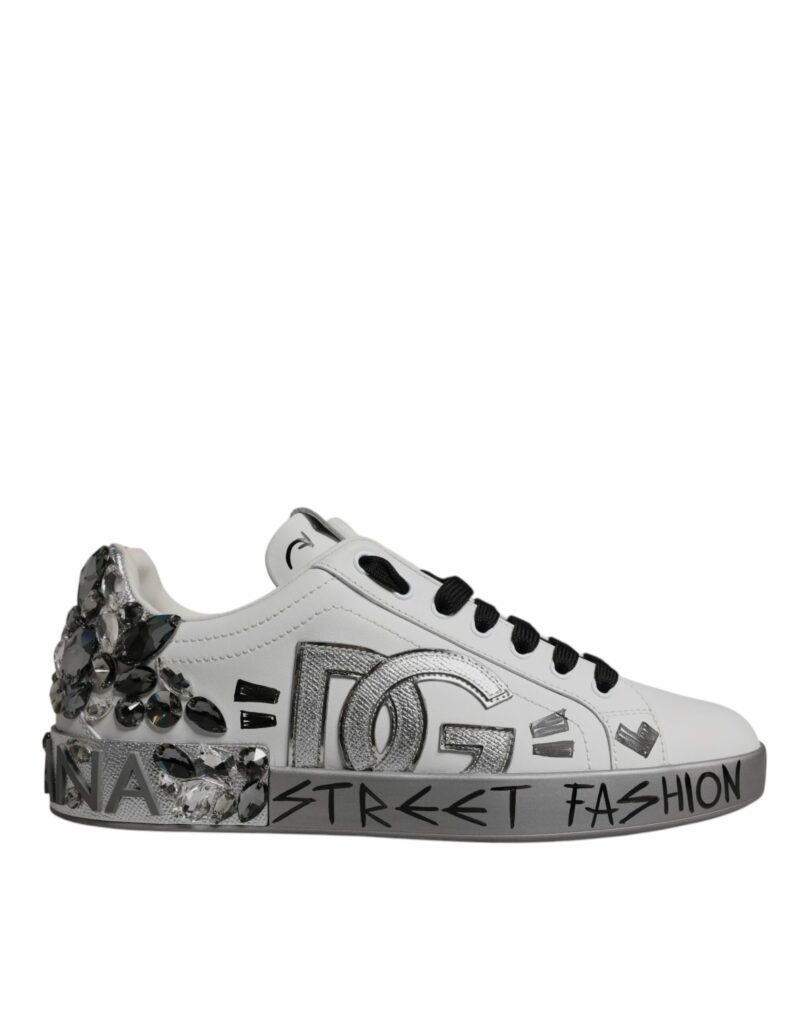 Dolce & Gabbana White Silver Crystal Logo Portofino Sneakers Shoes - Image 6