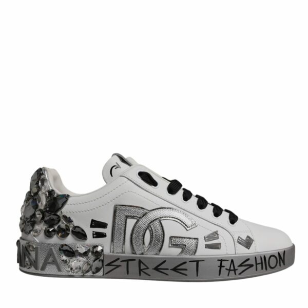 Dolce & Gabbana White Silver Crystal Logo Portofino Sneakers Shoes