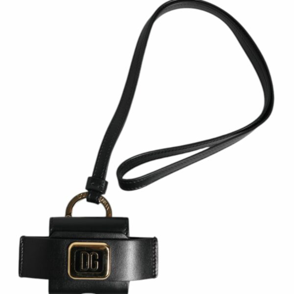 Dolce & Gabbana Black Leather Strap Gold Metal Logo Plaque Airpods Case