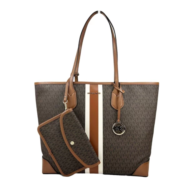 Michael Kors Eva Large Stripe Travel Tote Bag Plus Pouch Brown