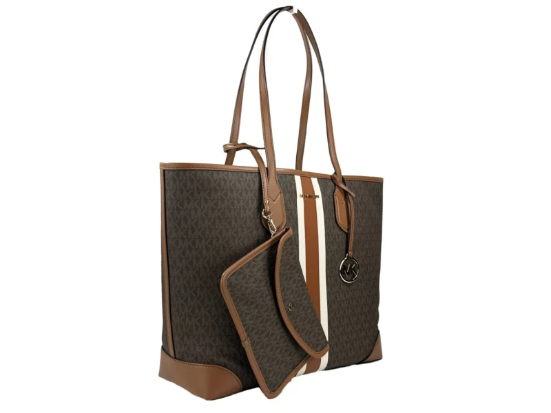Michael Kors Eva Large Stripe Travel Tote Bag Plus Pouch Brown - Image 4
