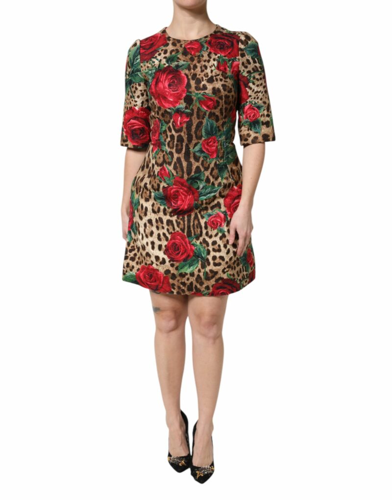 Dolce & Gabbana Brown Rose Leopard Short Sleeves Mini Dress - Image 2