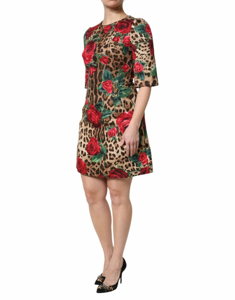 Dolce & Gabbana Brown Rose Leopard Short Sleeves Mini Dress - Image 3