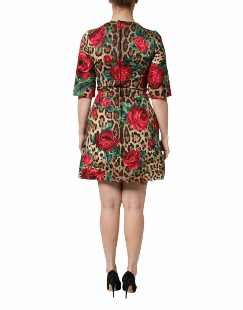 Dolce & Gabbana Brown Rose Leopard Short Sleeves Mini Dress - Image 4