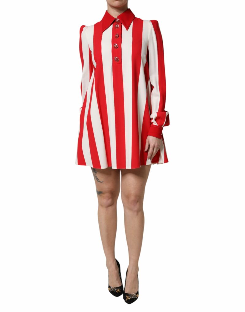 Dolce & Gabbana White Red Stripes Long Sleeves Mini Dress - Image 2