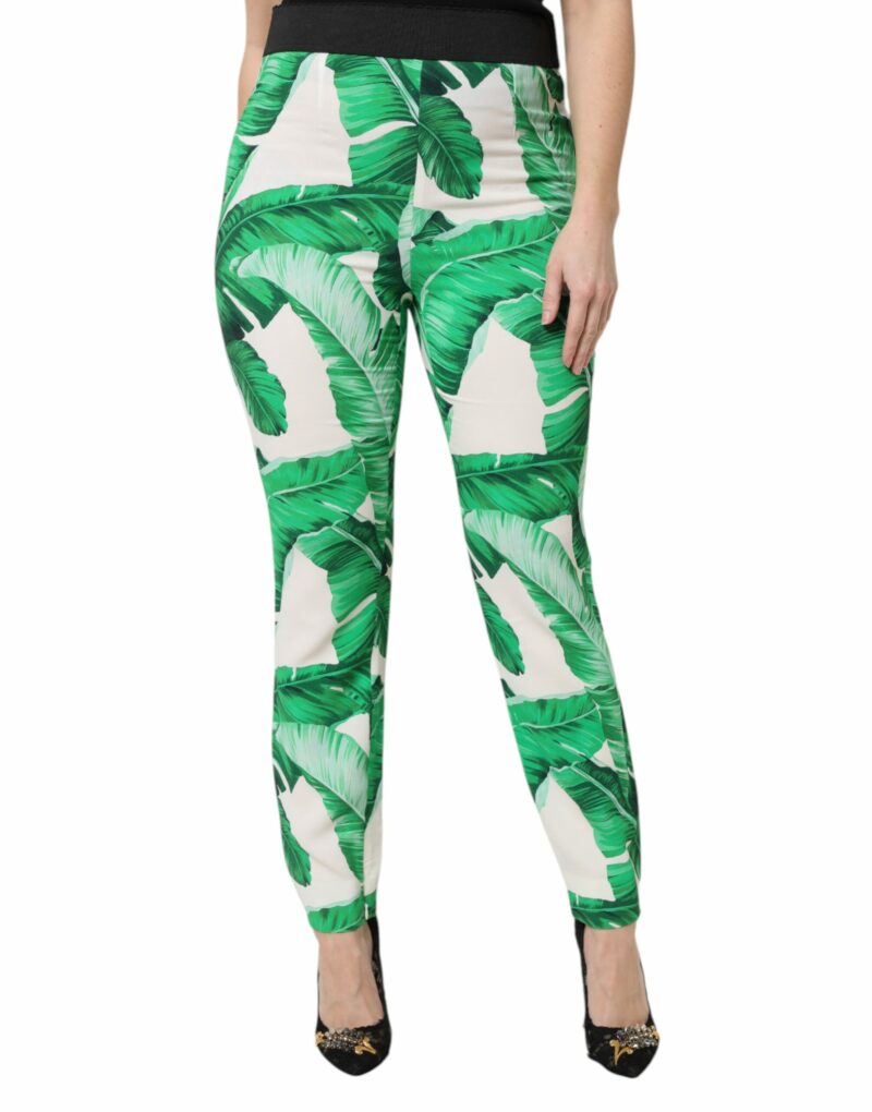 Dolce & Gabbana White Green Leaf High Waist Pants - Image 2