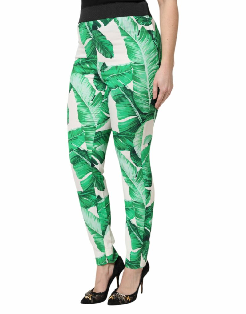 Dolce & Gabbana White Green Leaf High Waist Pants - Image 3