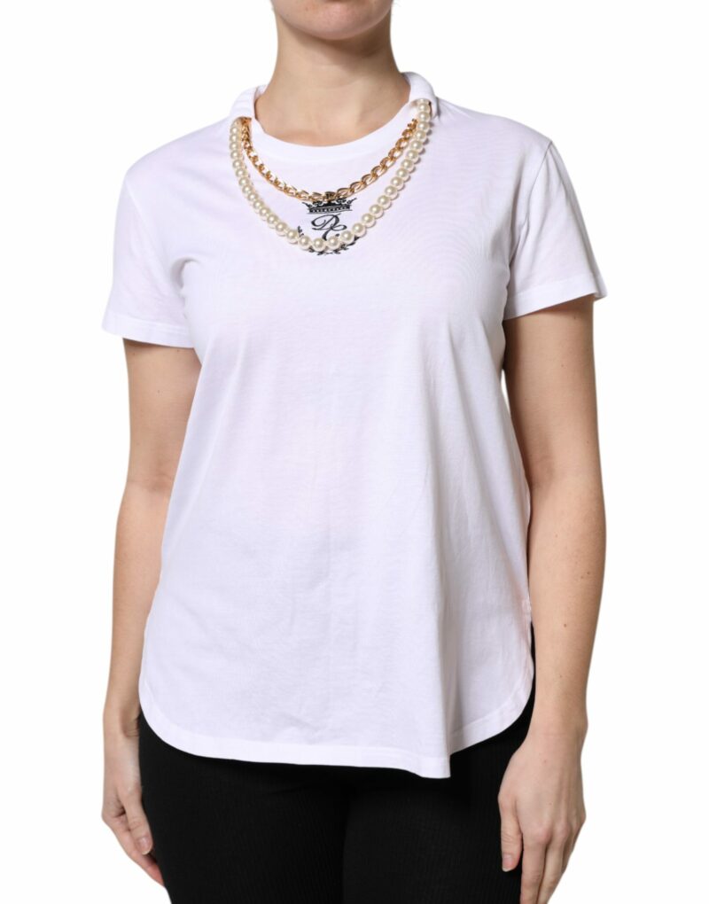 Dolce & Gabbana White Chain Pearl Cotton Round Neck T-shirt - Image 2