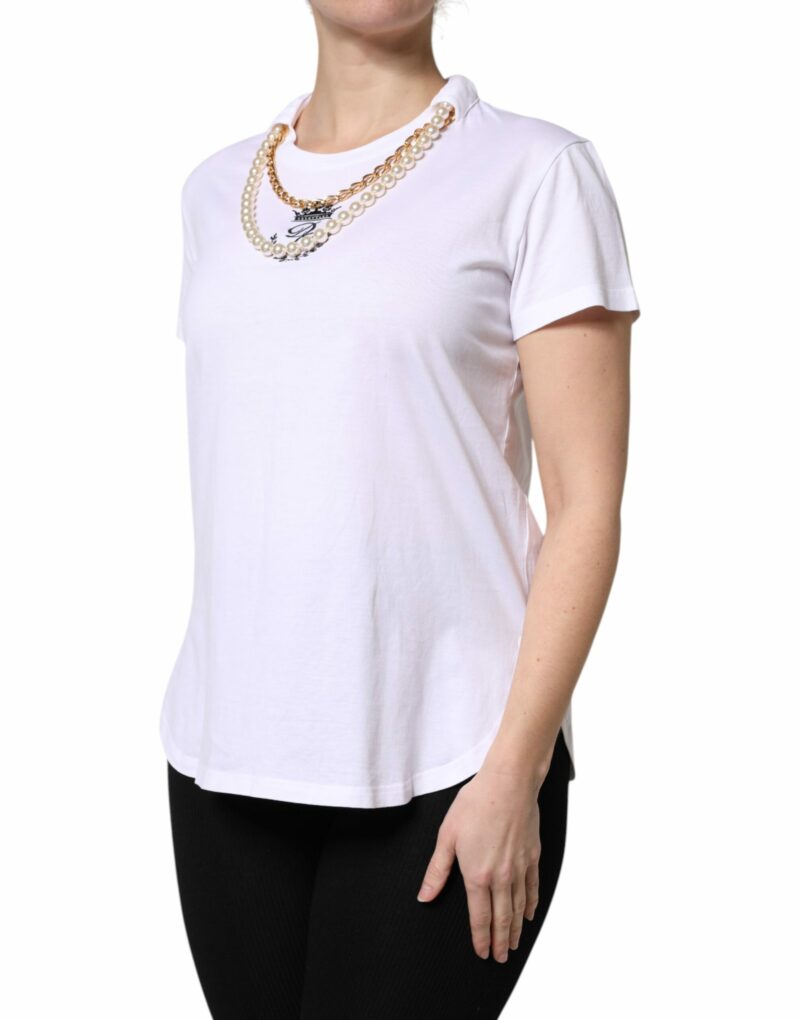 Dolce & Gabbana White Chain Pearl Cotton Round Neck T-shirt - Image 3