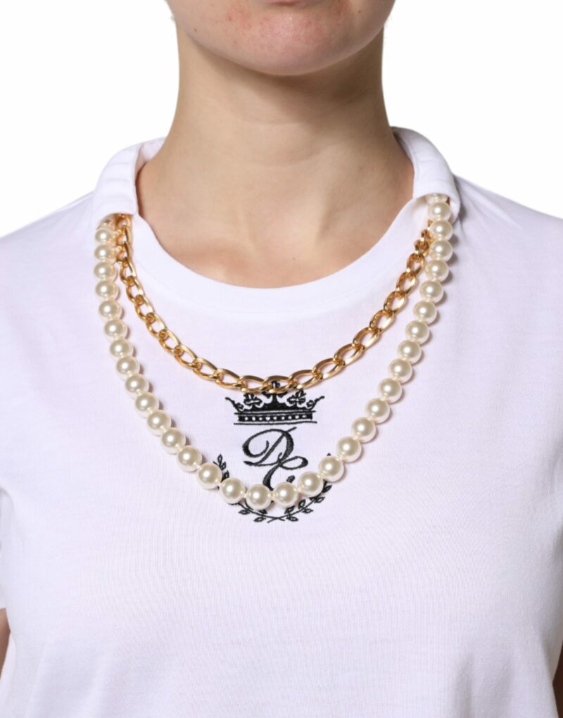 Dolce & Gabbana White Chain Pearl Cotton Round Neck T-shirt - Image 5