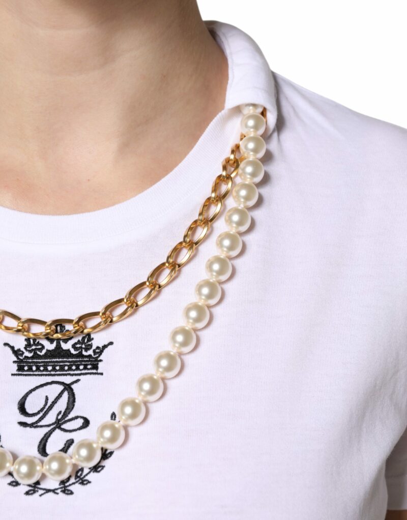 Dolce & Gabbana White Chain Pearl Cotton Round Neck T-shirt - Image 6