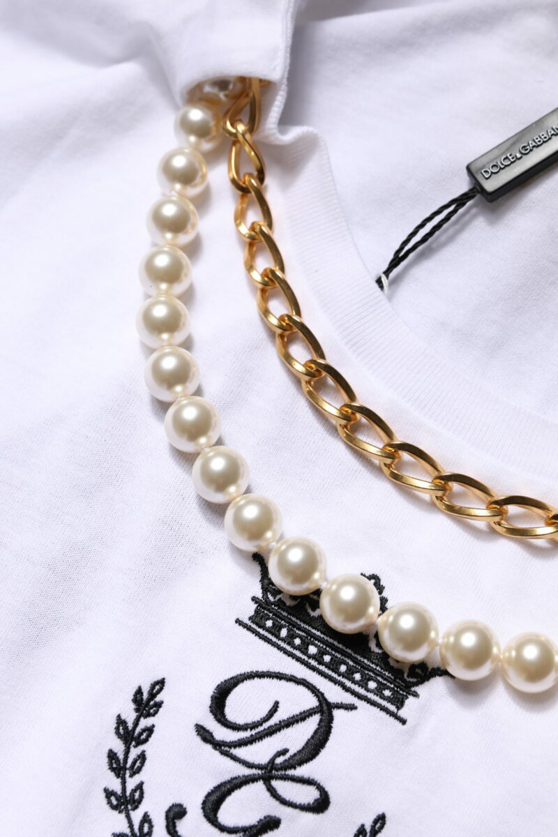 Dolce & Gabbana White Chain Pearl Cotton Round Neck T-shirt - Image 8